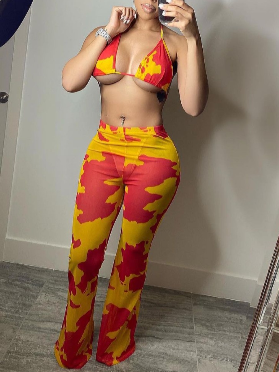 

LW Boho Cow Print See-through Yellow Two Piece Pants Set