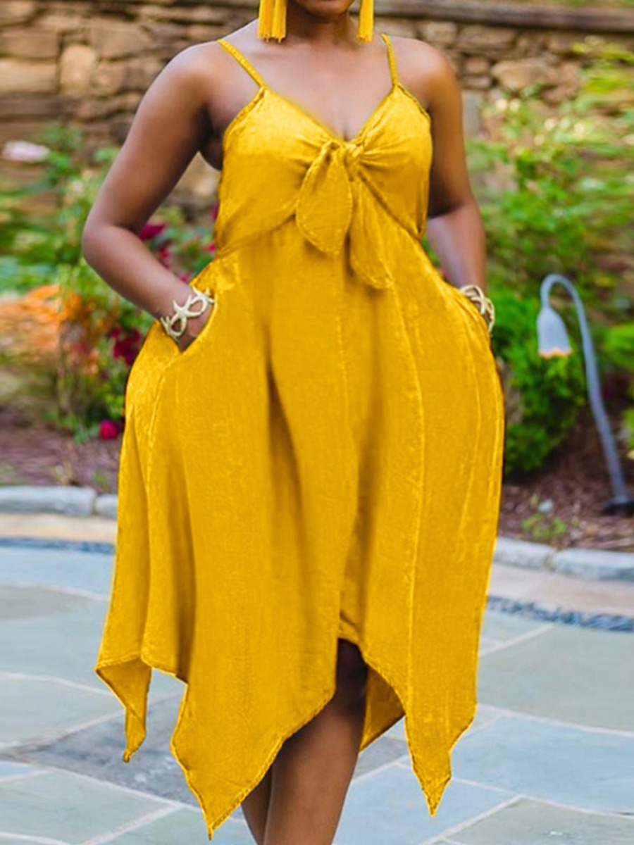 

Lovely Plus Size Casual Bandage Design Asymmetrical Yellow Knee Length Dress