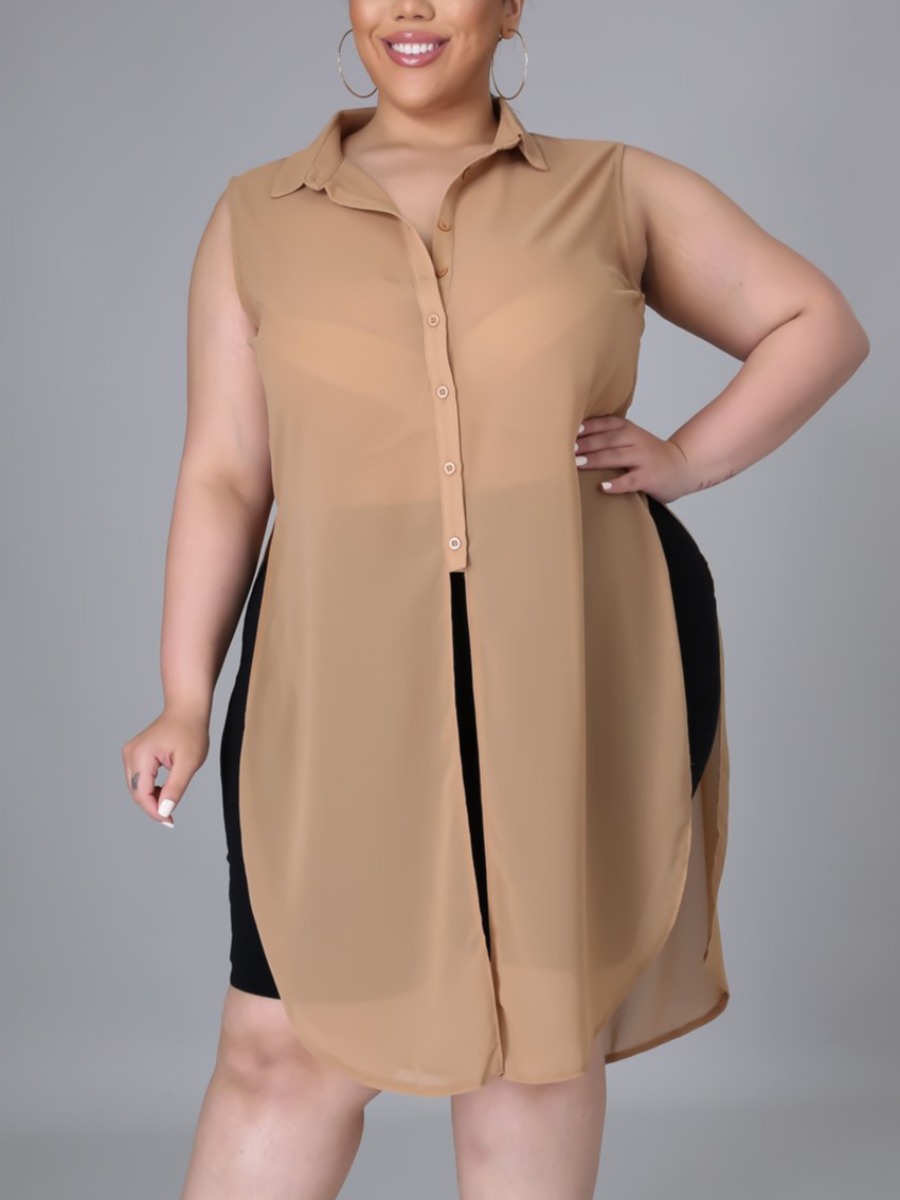 

LW Plus Size Casual Turndown Collar Split Apricot Blouse