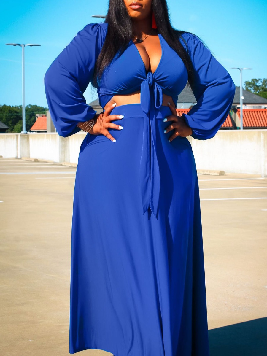 

Lovely Plus Size Casual V Neck Bandage Design Blue Two-piece Skirt Set