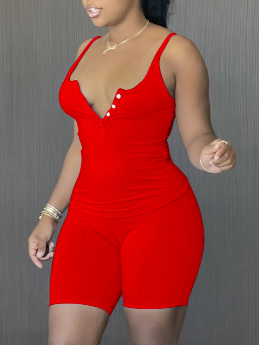 

Lovely Casual V Neck Basic Skinny Red Two Piece Shorts Set