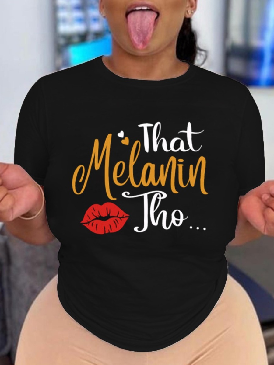 

Lovely Plus Size Street Lip Letter Print Black T-shirt