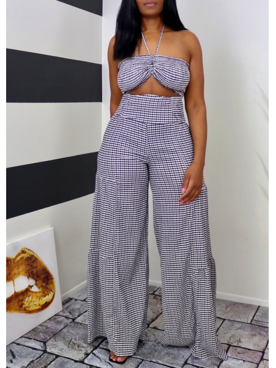 

LW Casual Off The Shoulder Plaid Print Hollow-out Purple One-piece Jumpsuit