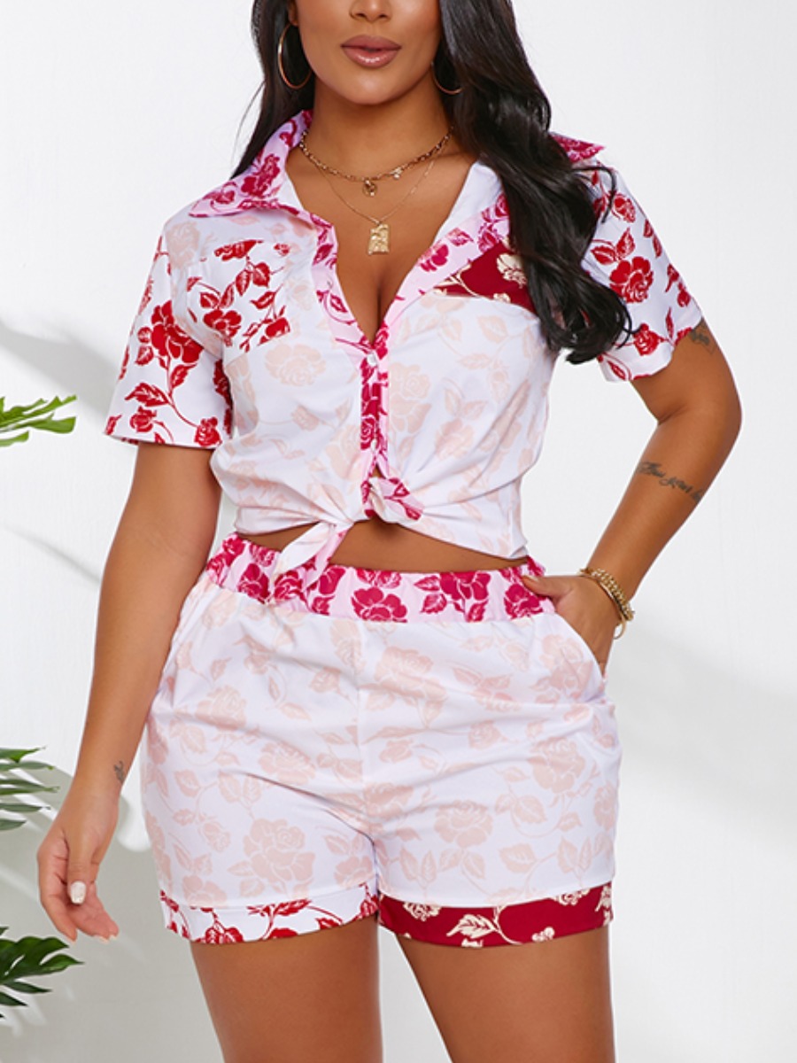 

Lovely Casual Turndown Collar Floral Print White Two Piece Skirt Set