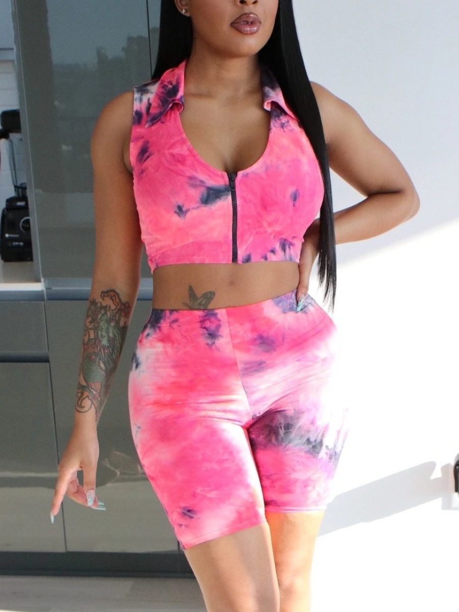 

LW Street Turndown Collar Tie Dye Rose Red Two Piece Shorts Set