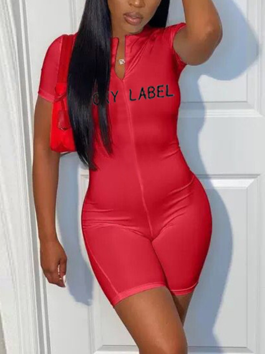 

LW Casual Letter Print Basic Skinny Red One-piece Romper
