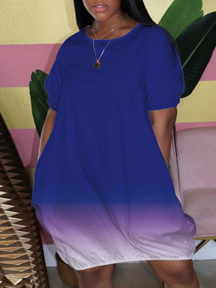 

Lovely Street O Neck Gradient Drawstring Blue Knee Length Dress