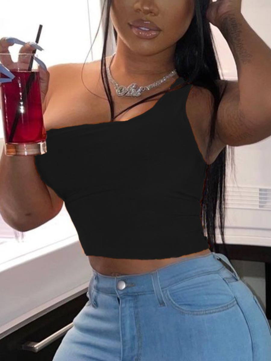 

Lovely Sexy One Shoulder Basic Skinny Black Camisole