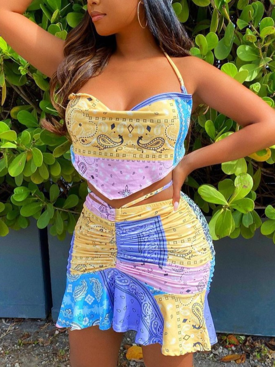 

Lovely Street Cashew Print Flounce Design Yellow Two Piece Skirt Set