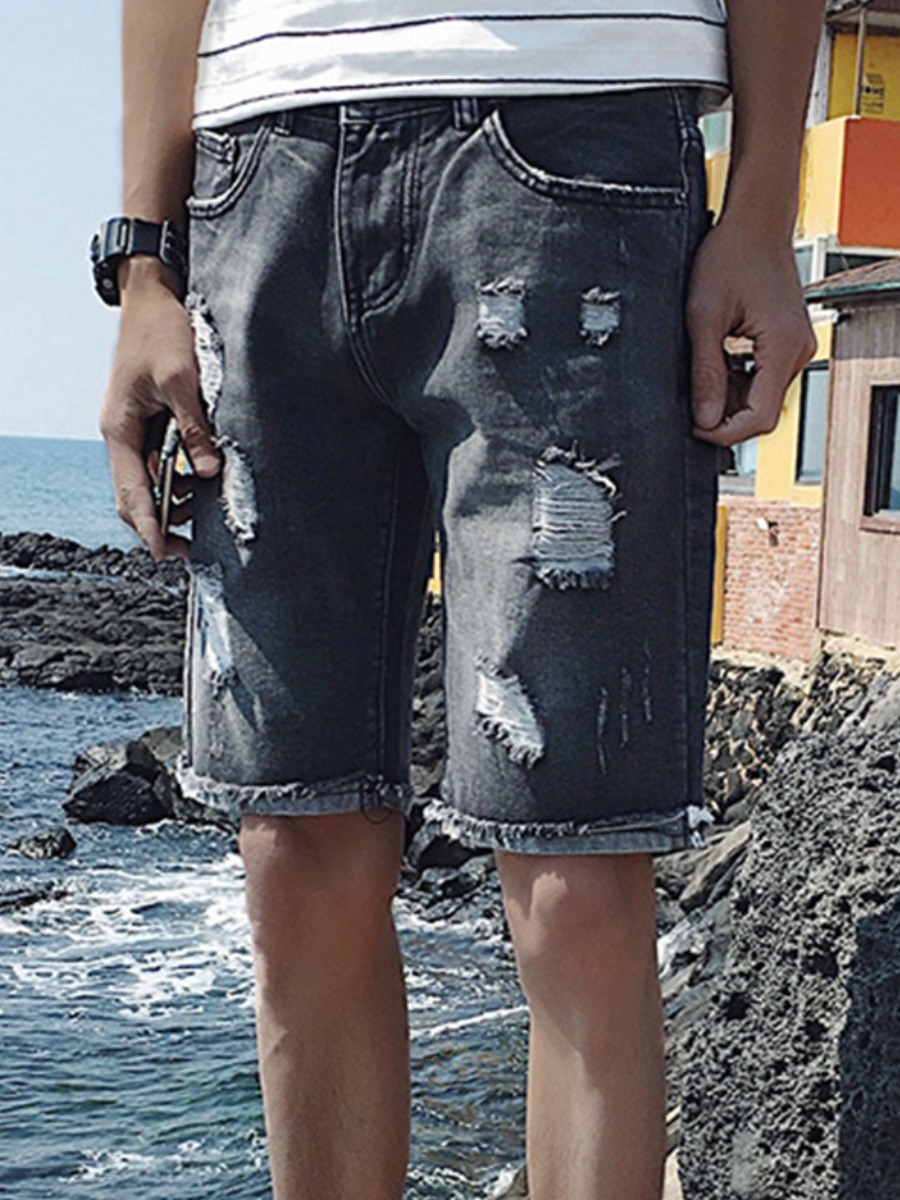 

Lovely Men Casual Mid Waist Ripped Black Denim Shorts