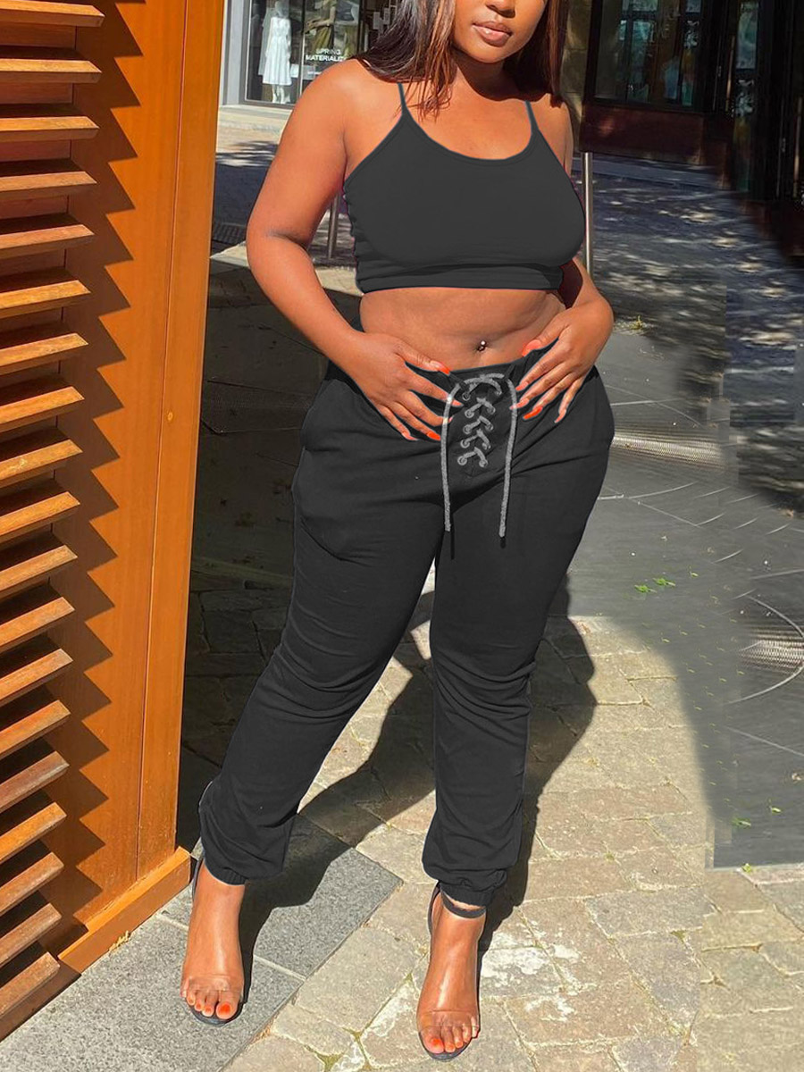 

Lovely Street Crop Top Bandage Design Black Two Piece Pants Set