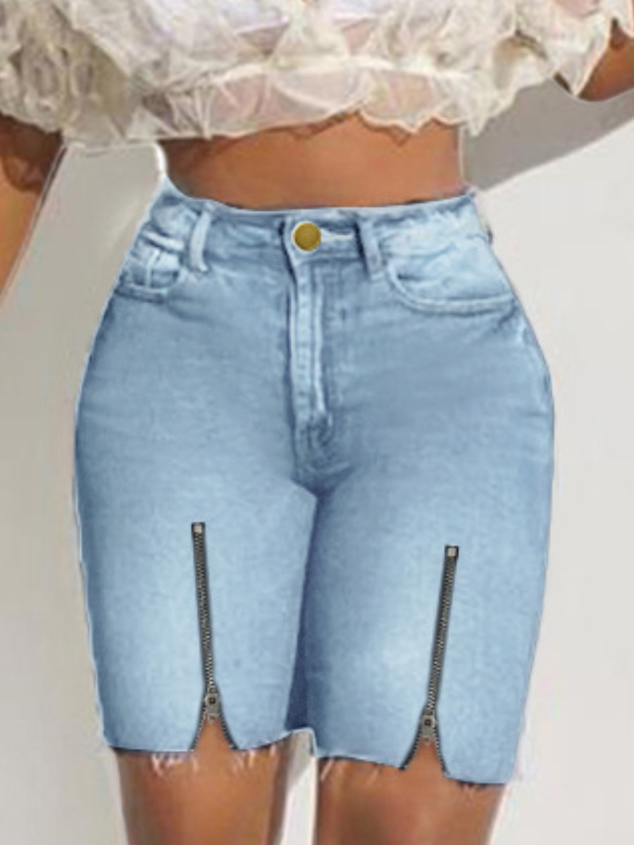 

Lovely Casual Raw Edge Zipper Design Baby Blue Denim Shorts