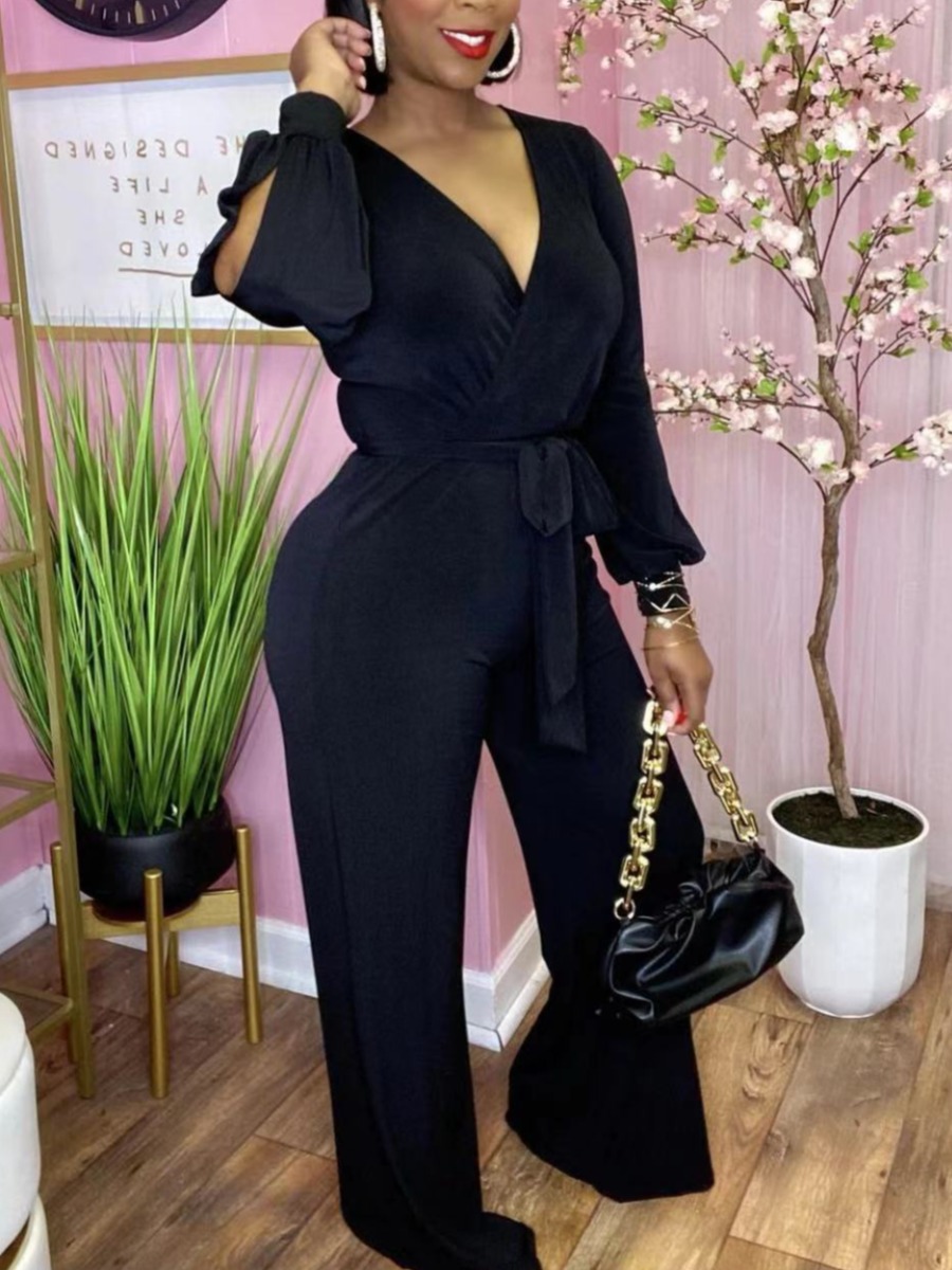 

Lovely Casual Split Sleeve Bandage Design Black One-piece Jumpsuit