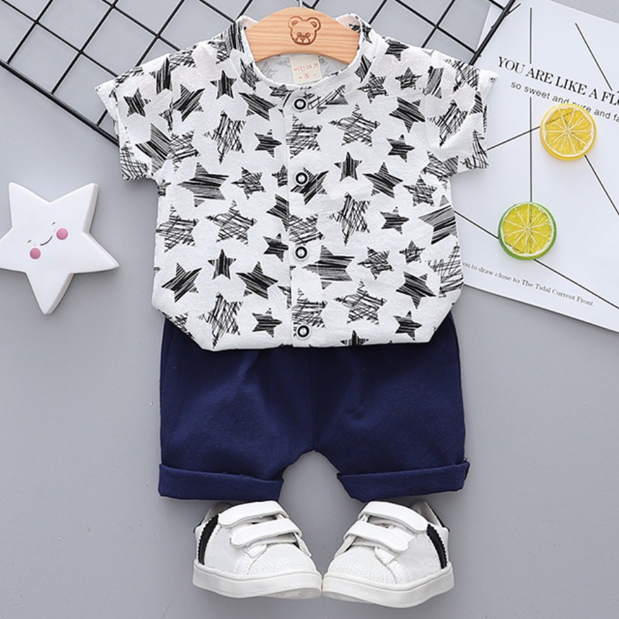 

Lovely Boy Street O Neck Star Print White Two Piece Shorts Set