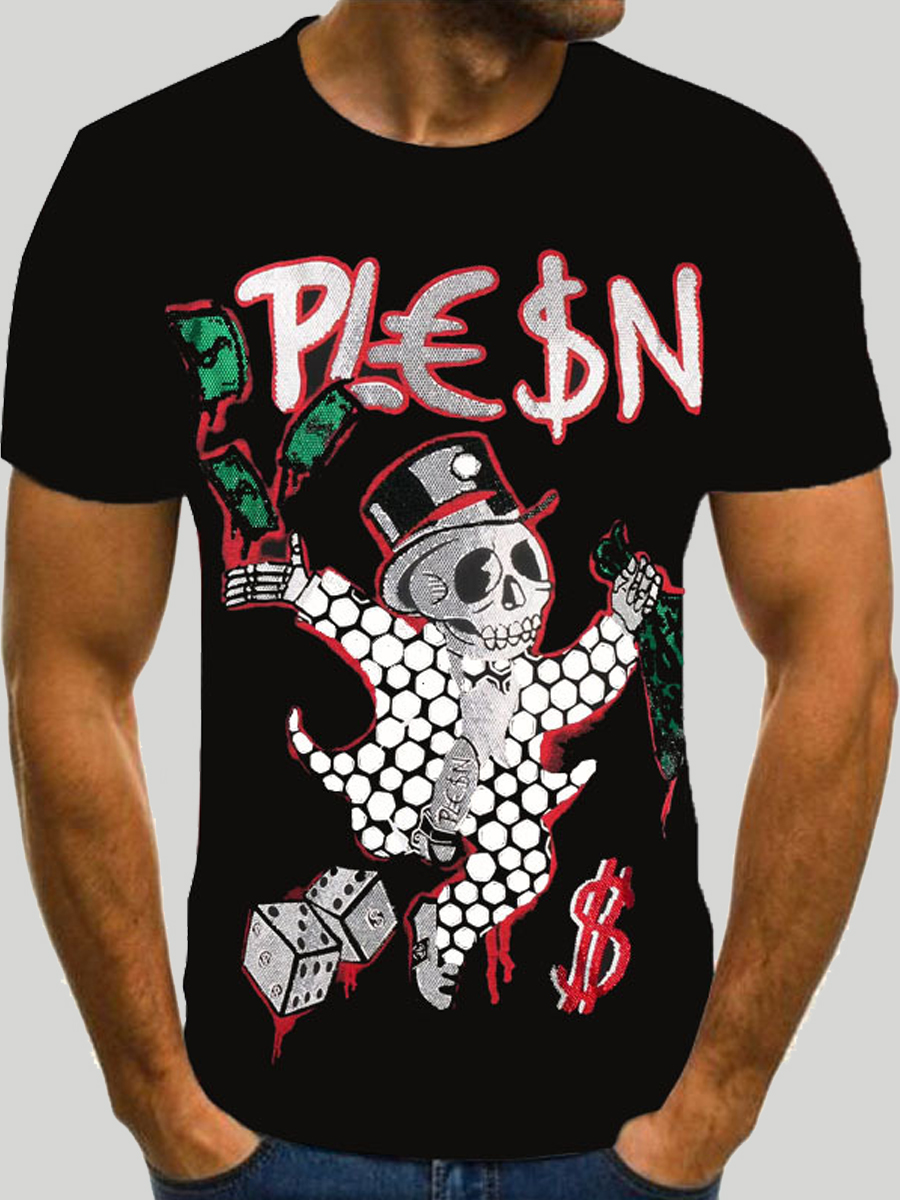 

Lovely Men Street Cartoon Letter Print Black T-shirt
