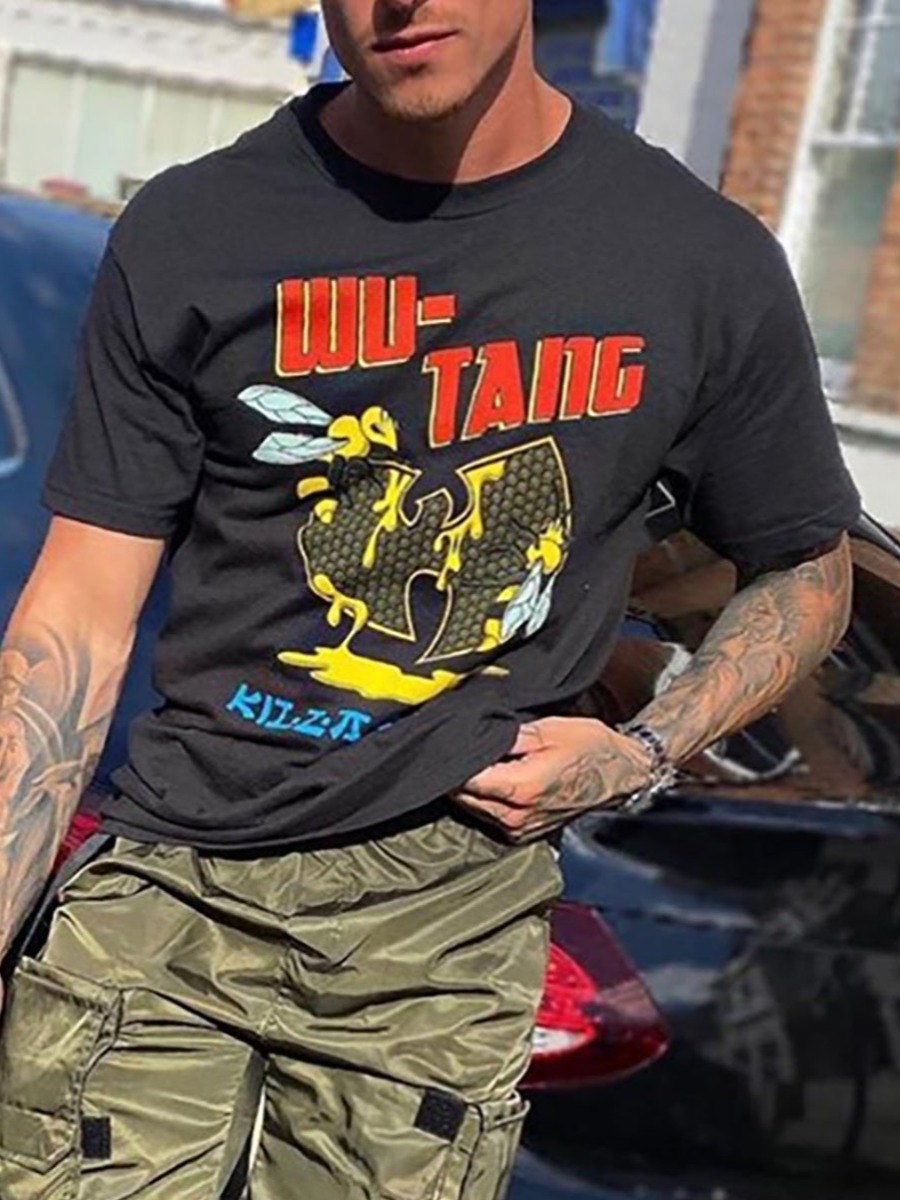 

Lovely Men Casual O Neck Letter Print Black T-shirt