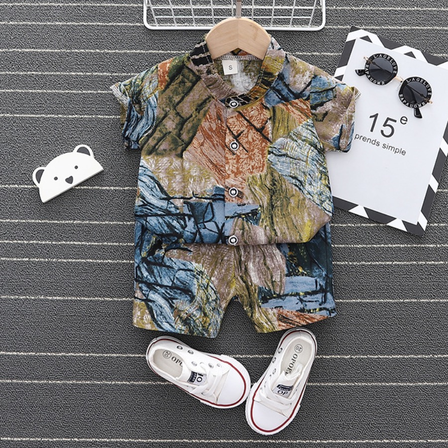 

Lovely Boy Boho Mandarin Collar Tie Dye Blue Two Piece Shorts Set