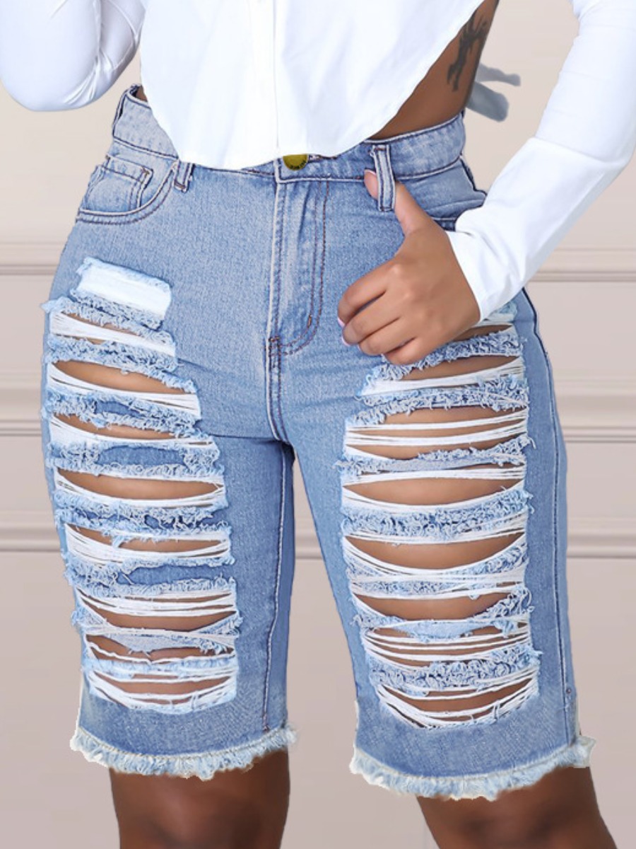 

Lovely Street High-waisted Ripped Blue Denim Shorts