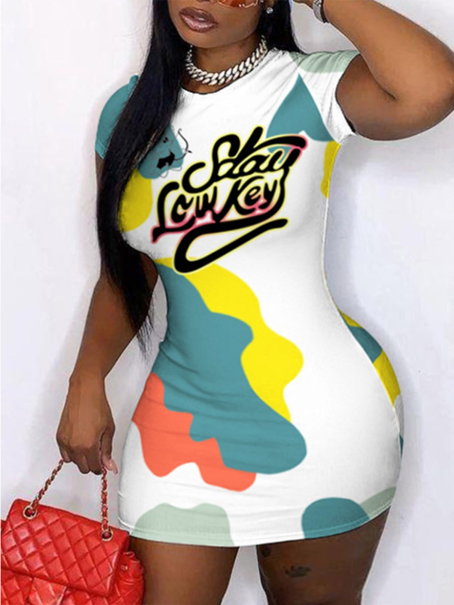 

Lovely Plus Size Casual Letter Print Patchwork White Mini Dress