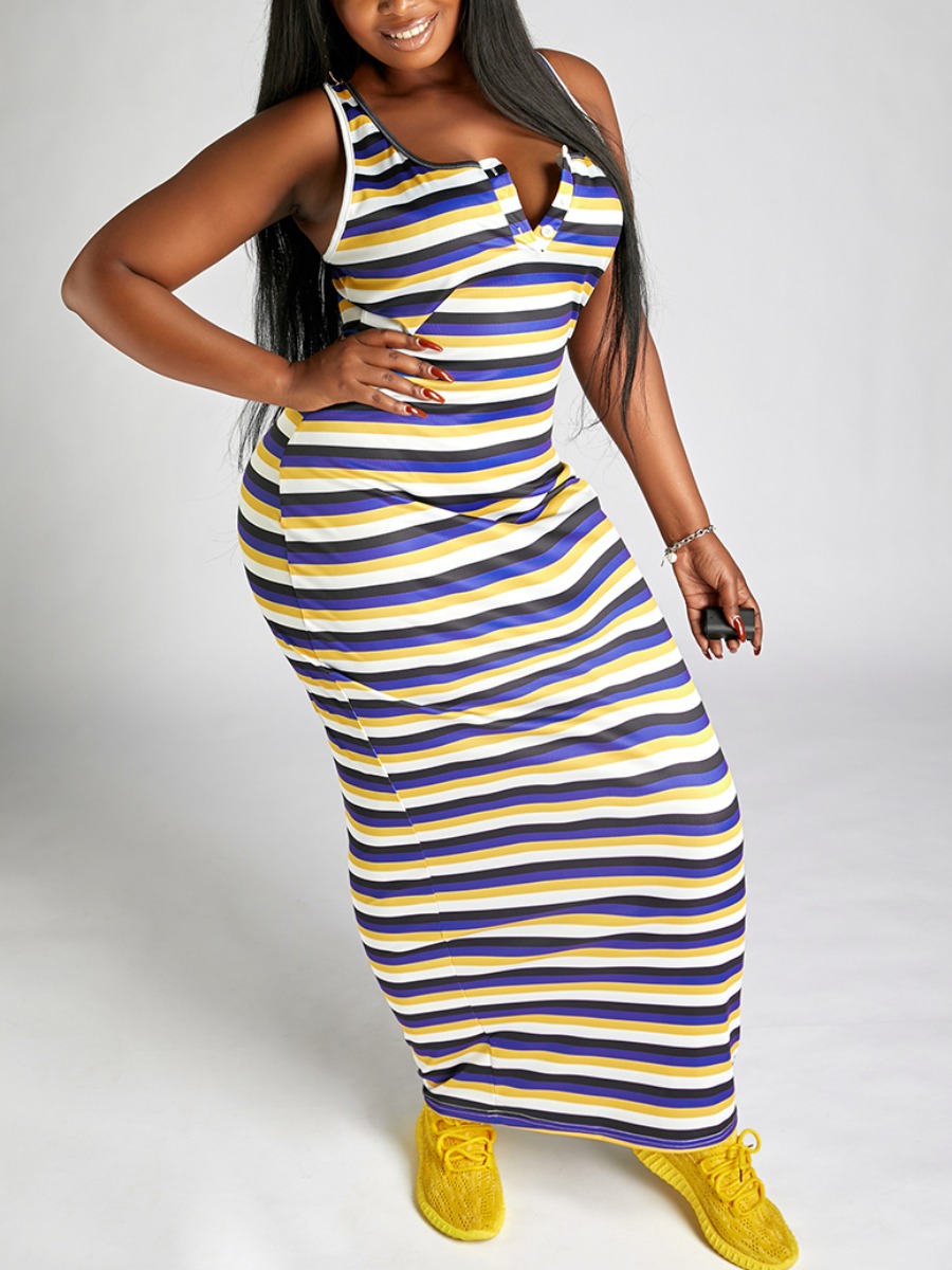 

Lovely Plus Size Sexy U Neck Striped Blue Ankle Length Dress