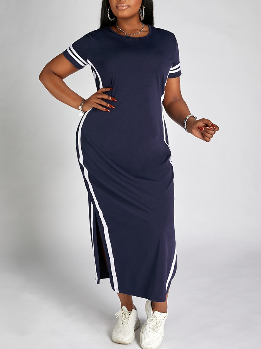 

Lovely Plus Size Casual Striped Split Dark Blue Ankle Length Dress