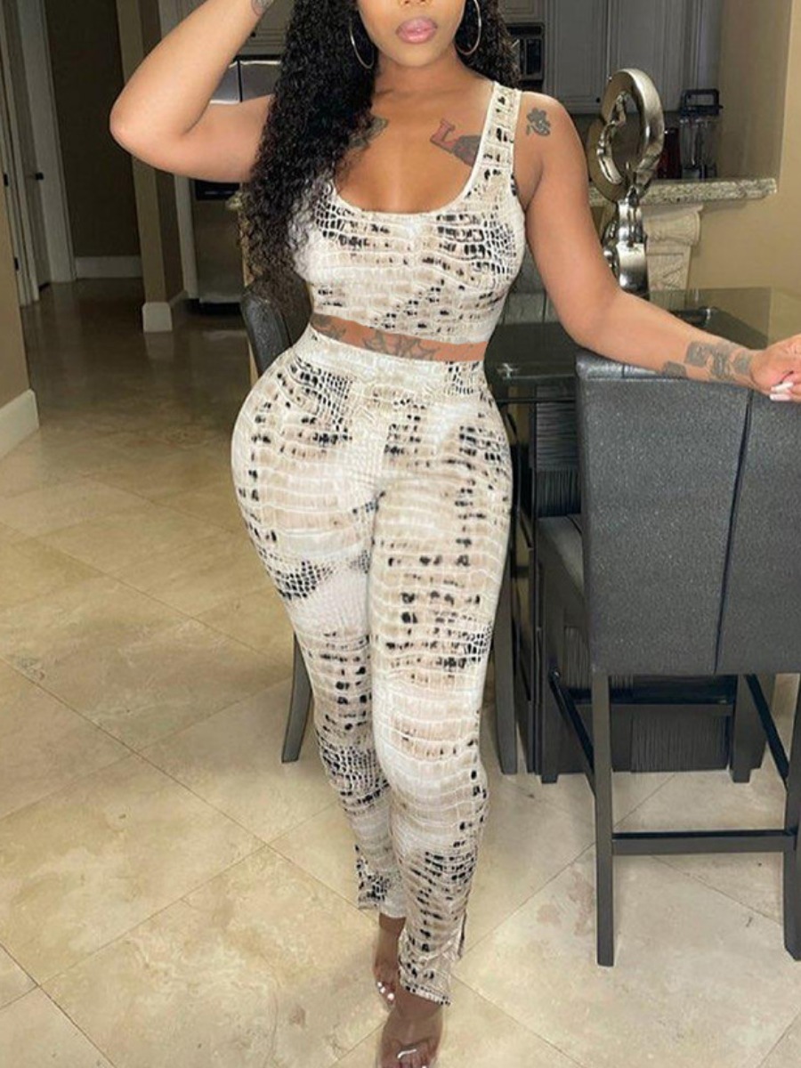 

Lovely Street U Neck Crocodile Print White Two Piece Pants Set