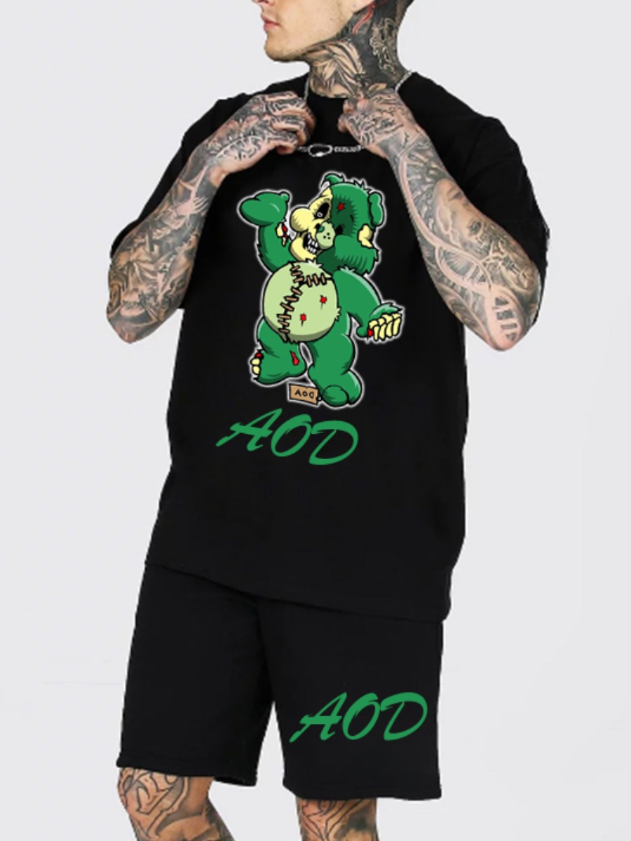

Lovely Men Casual Cartoon Letter Print Black Two Piece Shorts Set