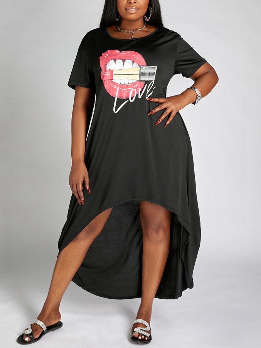 

Lovely Plus Size Casual Lip Print Asymmetrical Black Ankle Length Dress