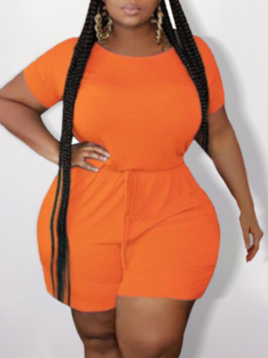 LovelyWholesale BASICS Plus Size Leisure O Neck Drawstring Orange One-piece Romper Summer Casual Basic Round Neck  5X Spring Summer 2024