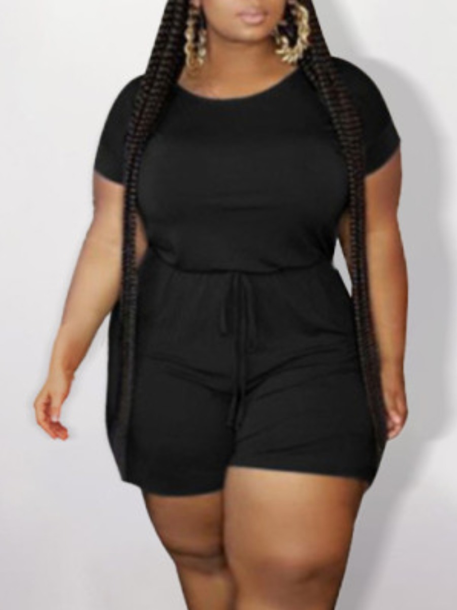 

LW BASICS Plus Size Leisure O Neck Drawstring Black One-piece Romper