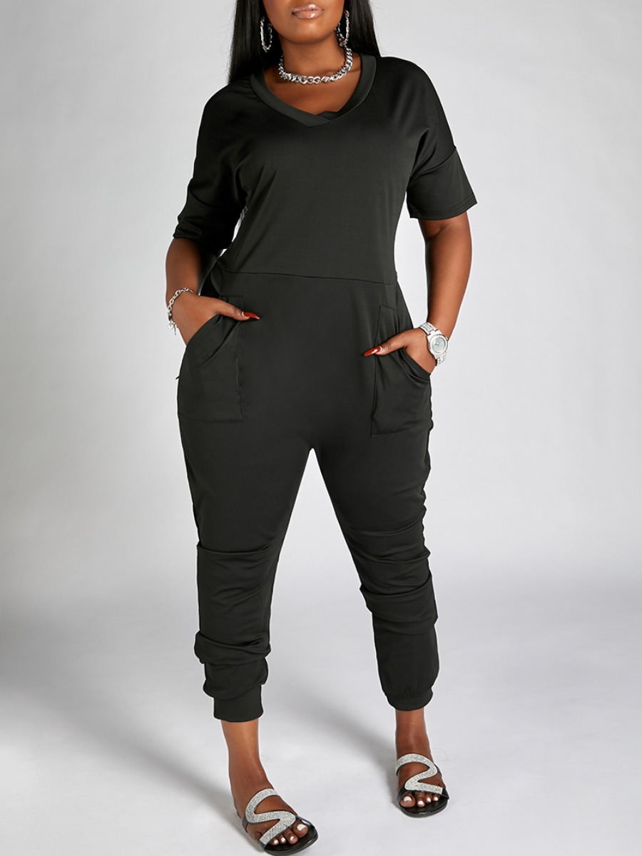 

Lovely Plus Size Casual V Neck Pocket Design Black One-piece Jumpsuit