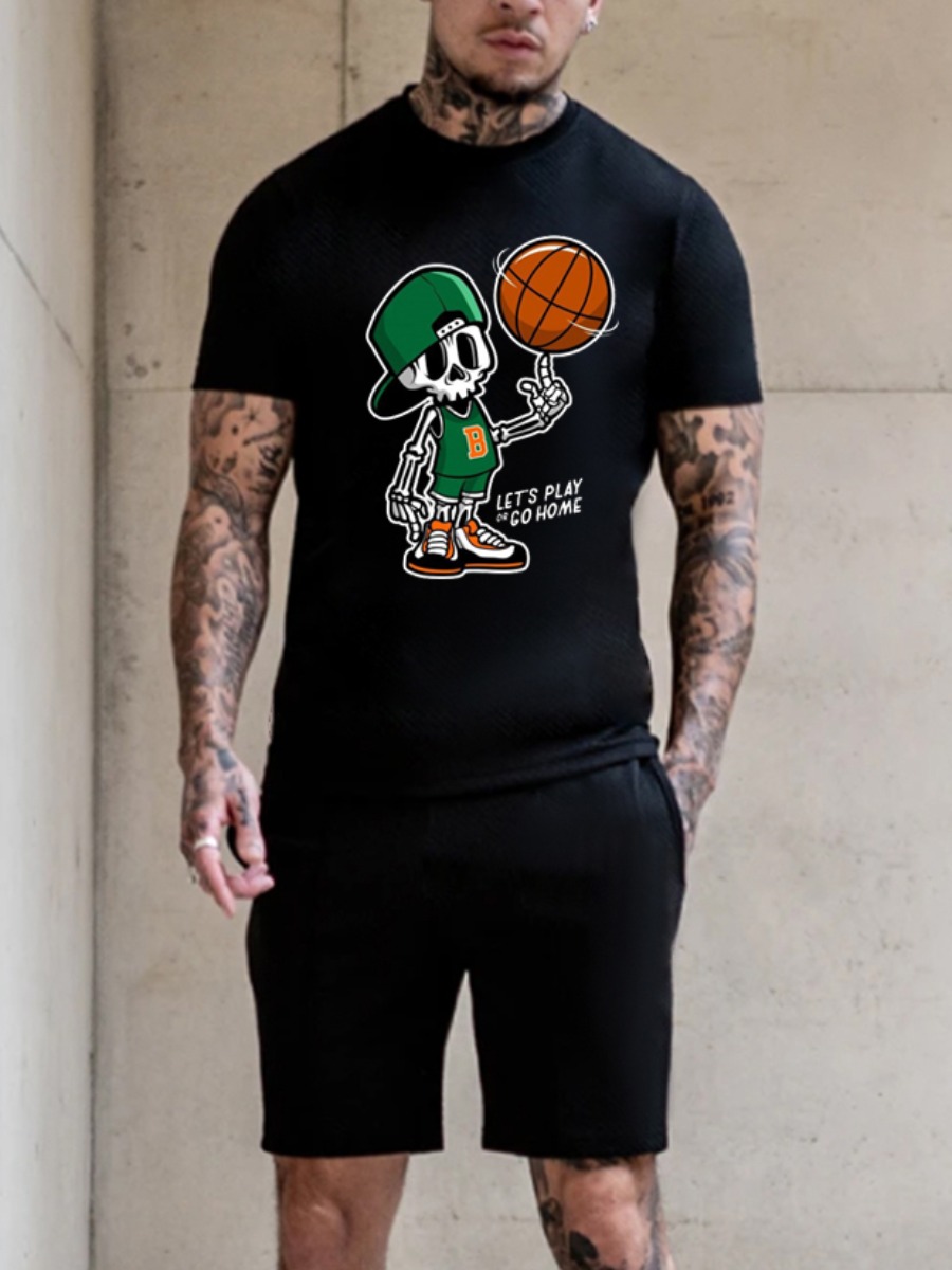 

Lovely Men Casual Cartoon Letter Print Black Two Piece Shorts Set