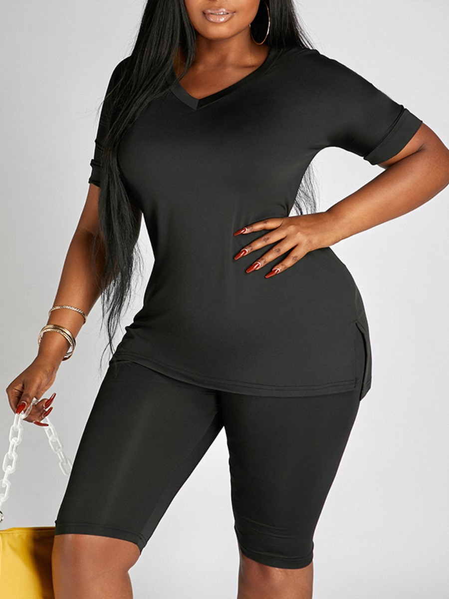 

Lovely Plus Size Casual V Neck Split Black Two-piece Shorts Set