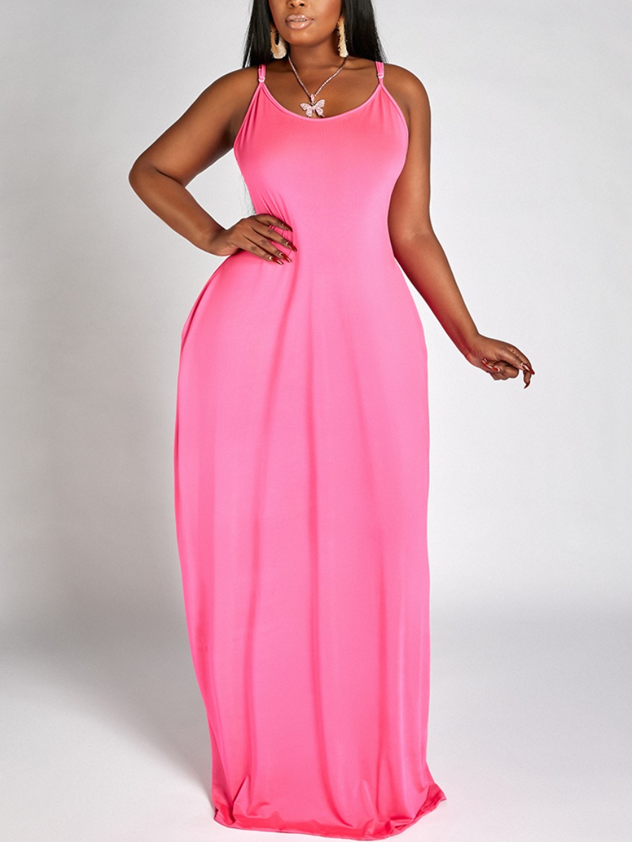 

Lovely Plus Size Casual U Neck Pocket Design Rose Red Maxi Dress