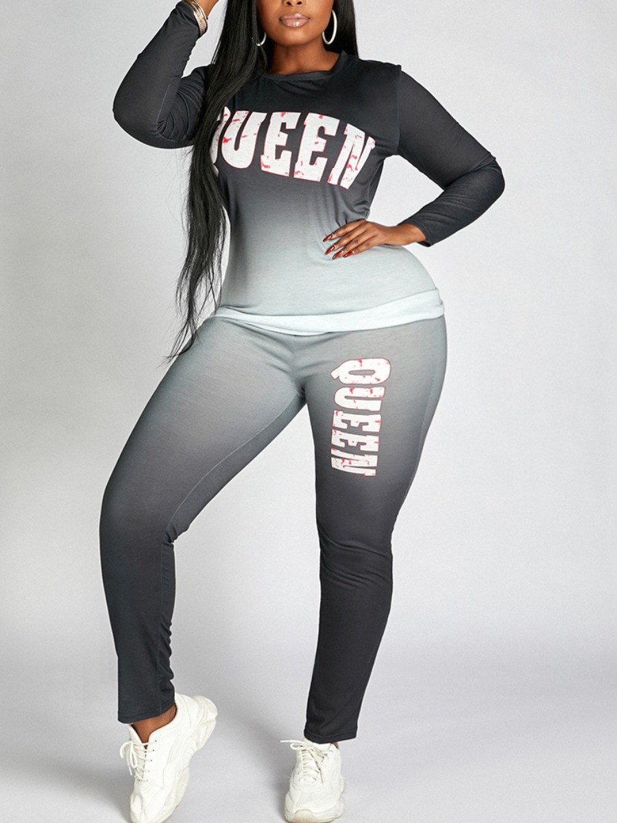

Lovely Plus Size Street Gradient Letter Print Black Two-piece Pants Set