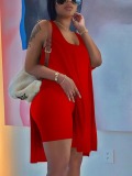 LW BASICS Casual U Neck Split Red Two Piece Shorts Set