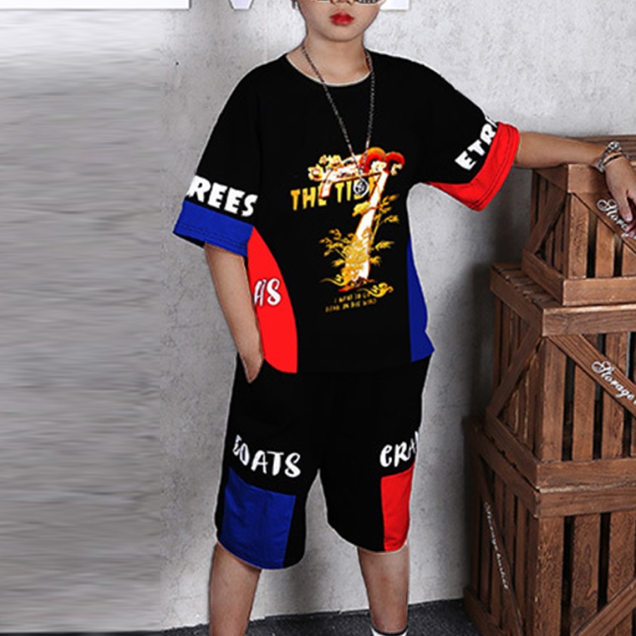 

Lovely Boy Street Letter Print Patchwork Black Two Piece Shorts Set