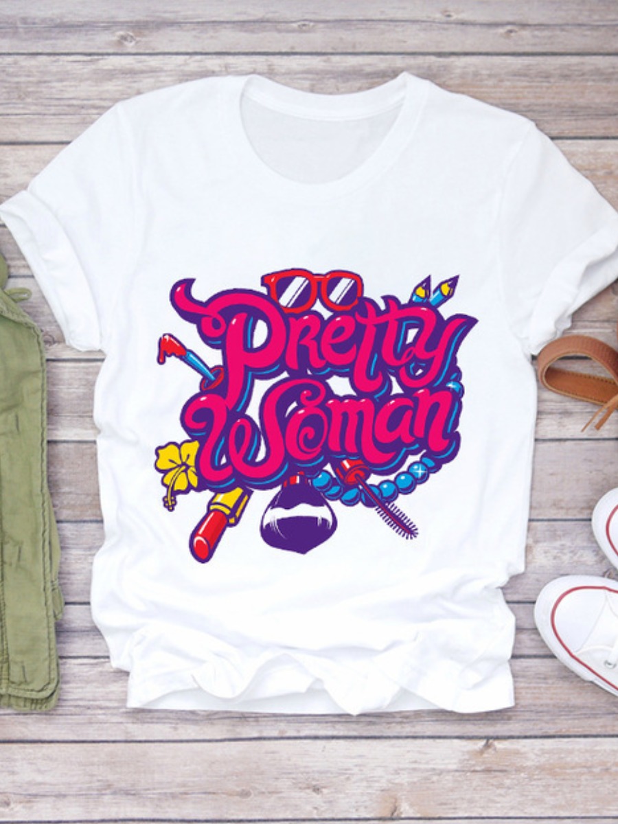 

Lovely Street O Neck Letter Print Pure White T-shirt