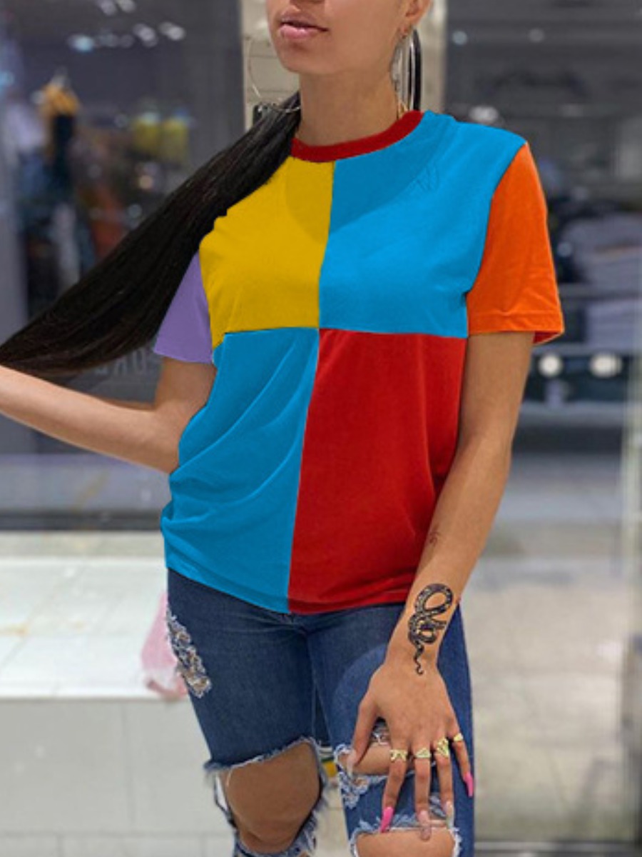 

Lovely Street Color-lump Patchwork Blue T-shirt