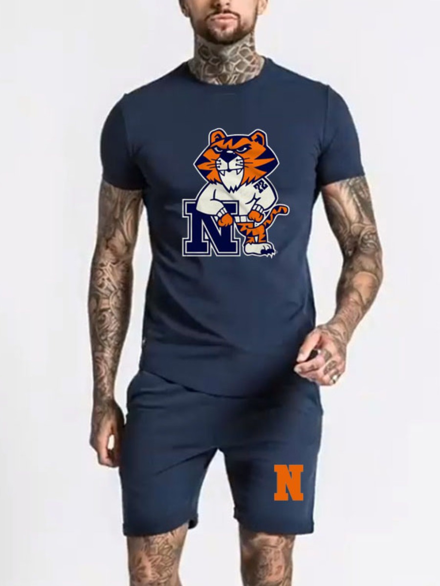 

Lovely Men Casual Cartoon Letter Print Deep Blue Two Piece Shorts Set