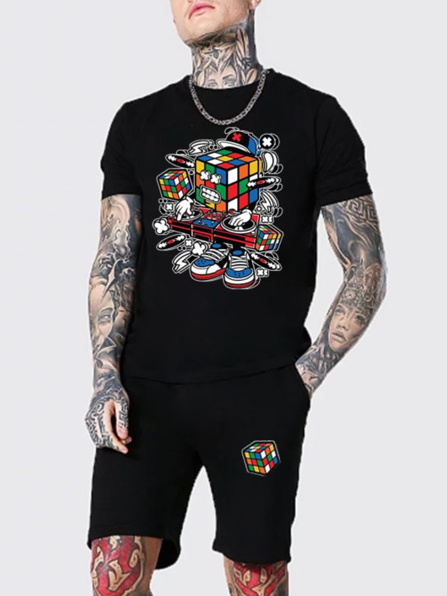 

Lovely Men Casual O Neck Cartoon Print Black Two Piece Shorts Set