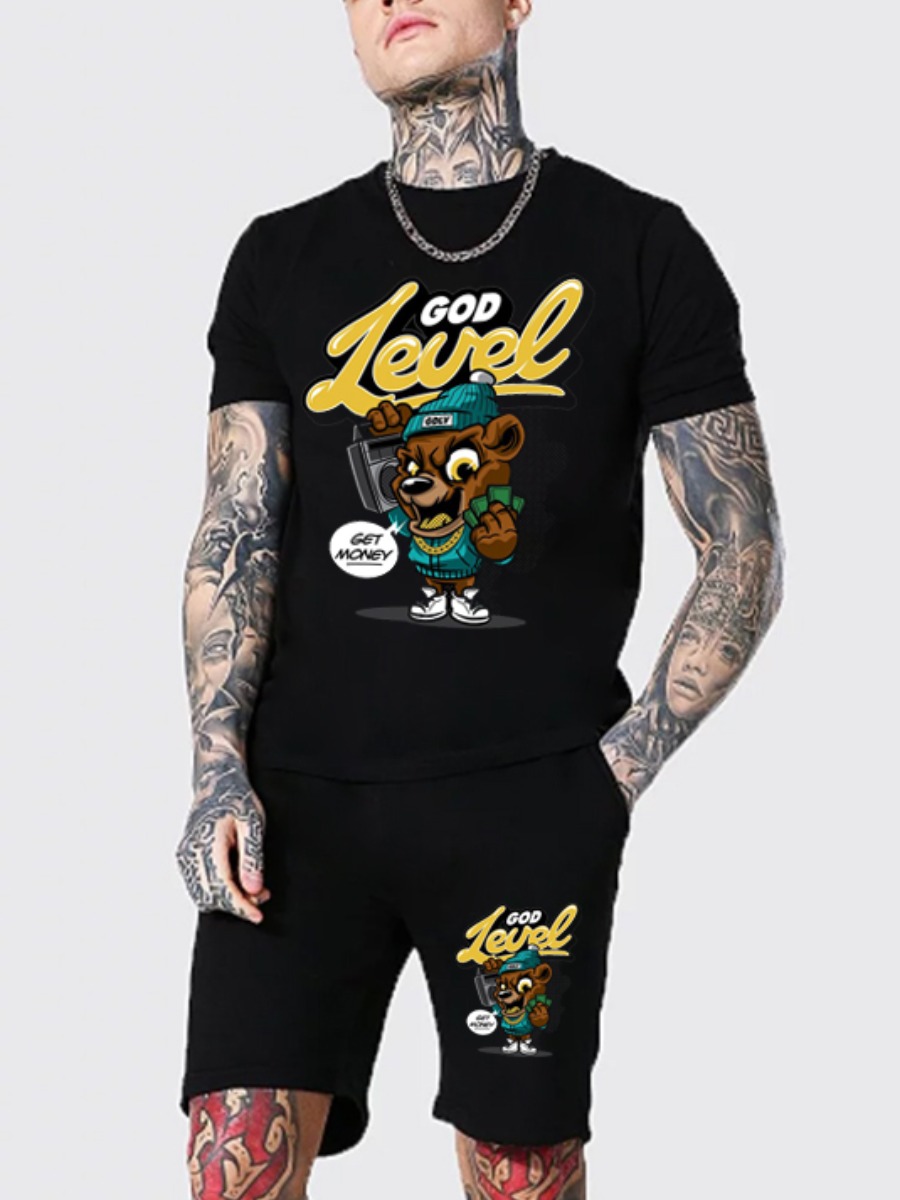 

Lovely Men Casual Cartoon Letter Print Black Two Piece Shorts Set