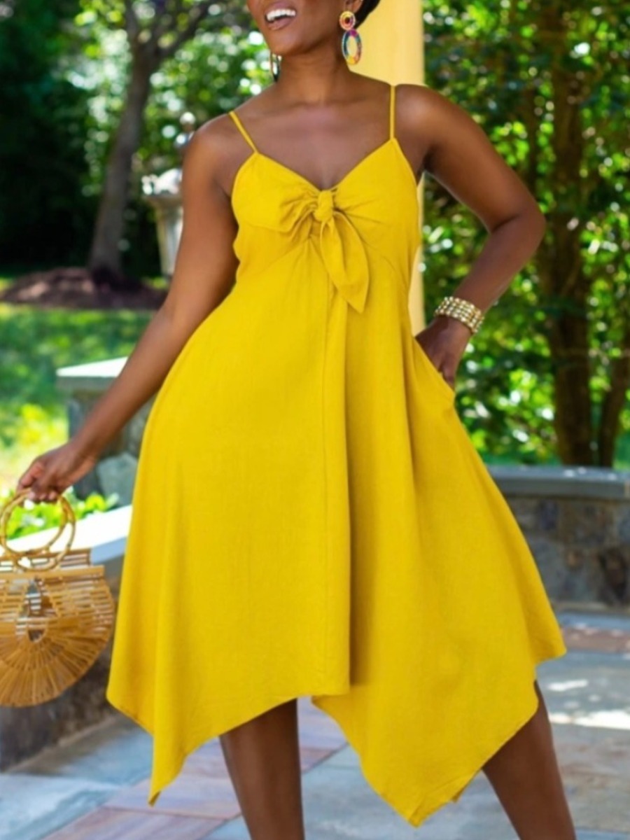 

Lovely Casual Bandage Design Yellow Mid Calf Asymmetrical Dress