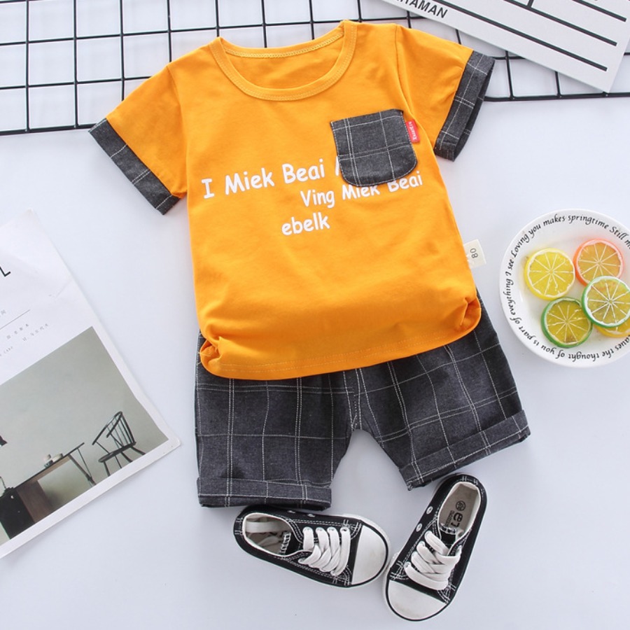 

Lovely Boy Casual Plaid Letter Print Croci Two Piece Shorts Set