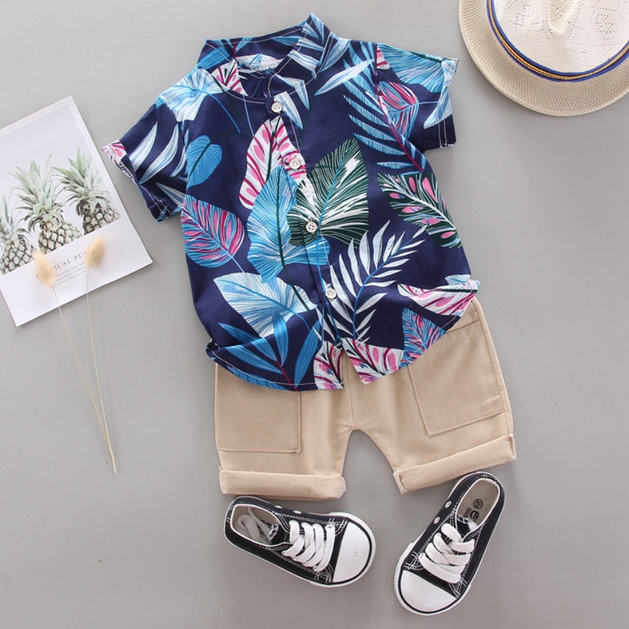 

Lovely Boy Boho Mandarin Collar Floral Print Dark Blue Two Piece Shorts Set