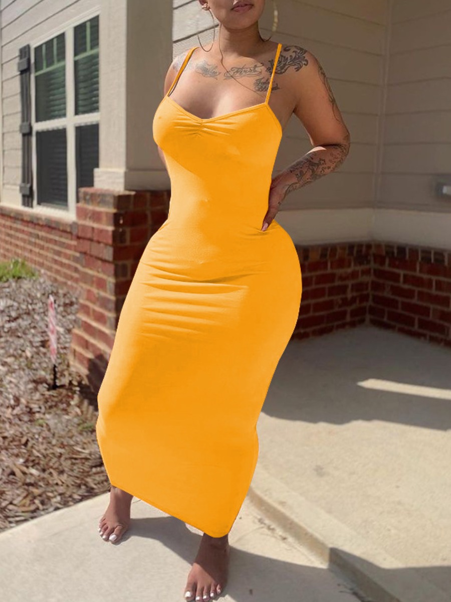 

Lovely Casual Spaghetti Strap Basic Skinny Yellow Ankle Length Dress