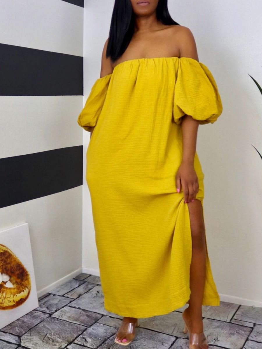 

LW Casual Off The Shoulder Fold Design Split Yellow Ankle Length Dress