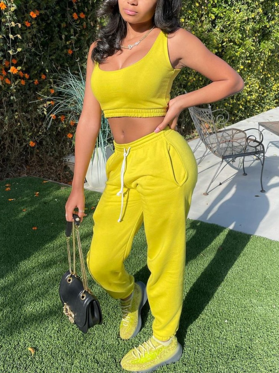 

Lovely Sporty U Neck Drawstring Yellow Two Piece Pants Set