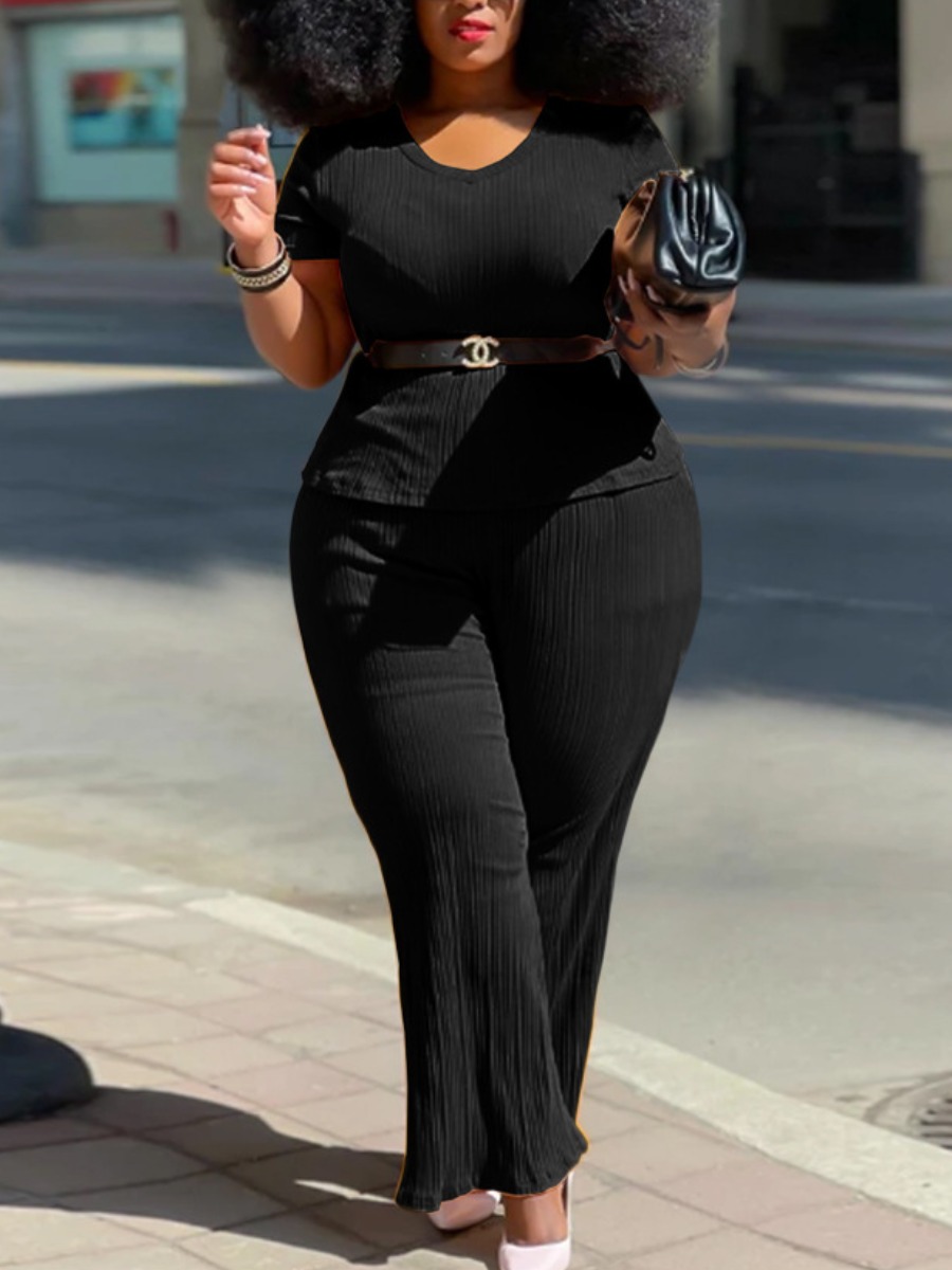 

Lovely Plus Size Street O Neck Flared Black Two-piece Pants Set(Without Belt)