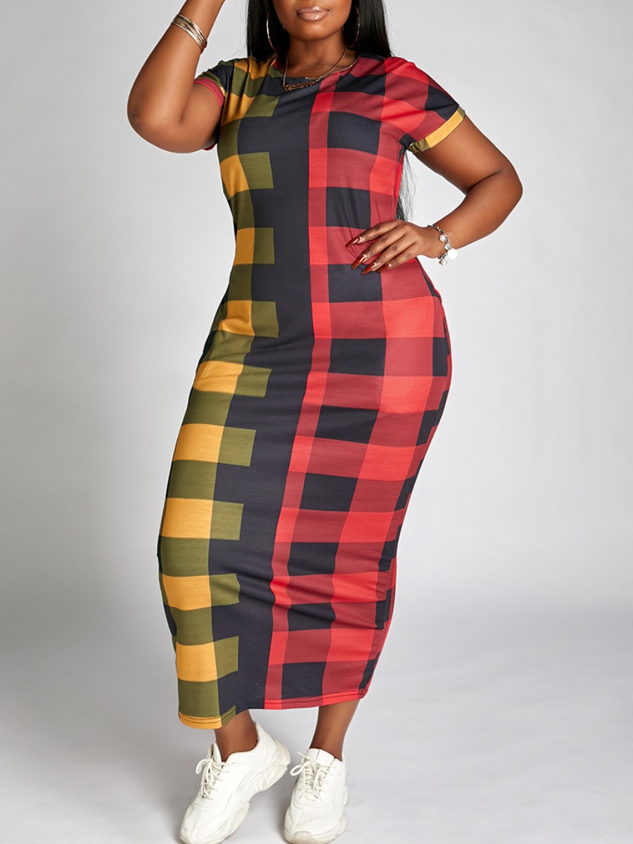 

Lovely Plus Size Street Plaid Print Patchwork Red Ankle Length Dress